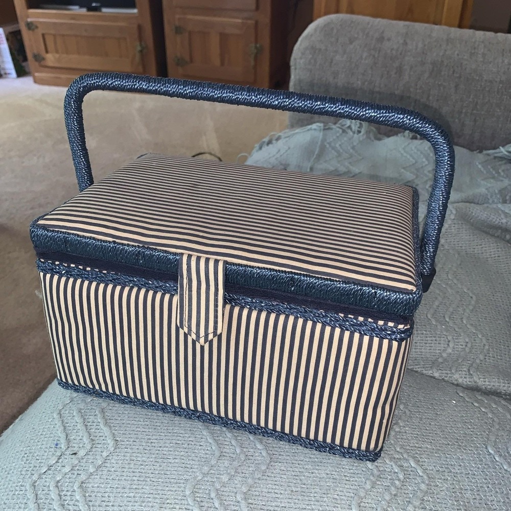 Grannycore Sewing Basket Blue Stripe w/ Wicker Handle 10" X 7.5 x 6 Sew Notions